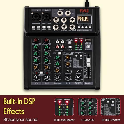 Pyle 6 Channel Studio Mixer - Small Footprint, USB - PC Recording, Bluetooth In, MP3 Player, DSP Effects, +48V Phantom Power, XLR Combo Inputs, Control Room Out, Smooth Dials and Faders - PMX406ST - size: 6