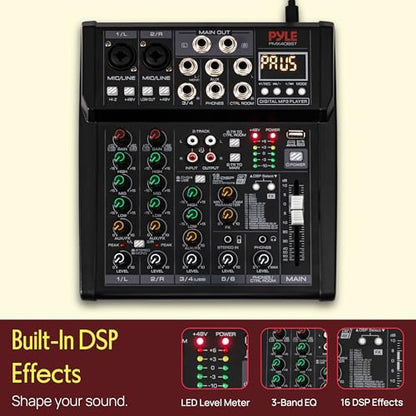Pyle 6 Channel Studio Mixer - Small Footprint, USB - PC Recording, Bluetooth In, MP3 Player, DSP Effects, +48V Phantom Power, XLR Combo Inputs, Control Room Out, Smooth Dials and Faders - PMX406ST - size: 6