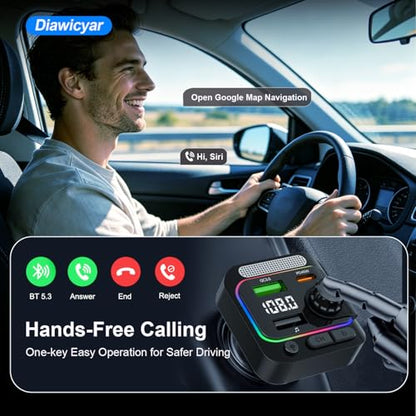 63W FM Transmitter Bluetooth Car Adapter, Wireless FM Bluetooth Transmitter | [PD 45W & QC3.0] Fast Charge, Deep Bass Player, Hands-Free Calling, Black - color: Black