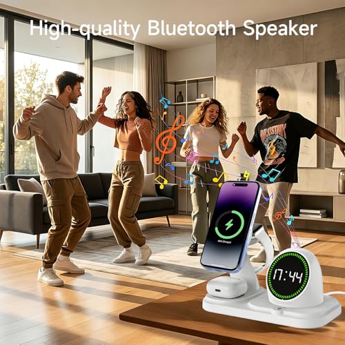 6‑in‑1 Wireless Charging Station with 30W Adapter, Blue-Tooth Speaker, Auto‑Sync Clock & RGB Night Light, Compatible with iPhone 12‑17/AirPods/Apple Watch and Select Android (Qi + Magnetic Required) - color: White