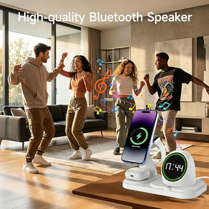 6‑in‑1 Wireless Charging Station with 30W Adapter, Blue-Tooth Speaker, Auto‑Sync Clock & RGB Night Light, Compatible with iPhone 12‑17/AirPods/Apple Watch and Select Android (Qi + Magnetic Required) - color: White