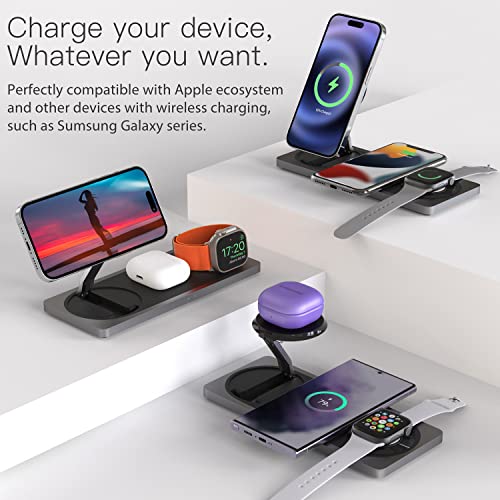 3 in 1 Wireless Charging Station for Apple Devices with MagSafe | For iPhone 17/Air/16/15/14/13/12, AirPods & Apple Watch, Foldable Portable Aluminum Charging Stand, Adapter Included - color: Black