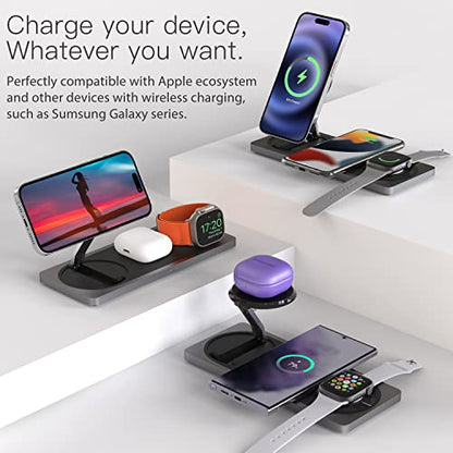 3 in 1 Wireless Charging Station for Apple Devices with MagSafe | For iPhone 17/Air/16/15/14/13/12, AirPods & Apple Watch, Foldable Portable Aluminum Charging Stand, Adapter Included - color: Black