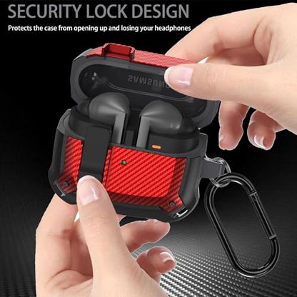 Compatible Samsung Galaxy Buds 3 Pro Case/Bud 3 Cover Clip with Cleaner Kit, Military Shell Protective Armor Case Cover with Lock & Carabiner for Galaxy Buds 3/3 Pro 2024 Men Women Black Red - color: Black-Red