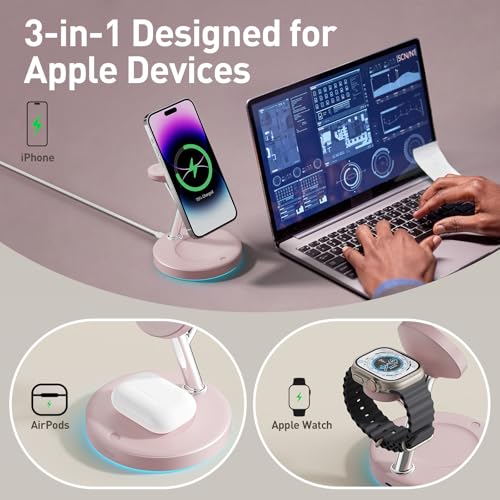 3 in 1 MagSafe Wireless Charger Stand for iPhone Apple Watch AirPods | Adjustable Blue Ambient Light,15W Magnetic Charging Station for iPhone 17 16 15 14 13 12 Series Wireless Charging Station - color: Pink