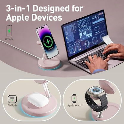 3 in 1 MagSafe Wireless Charger Stand for iPhone Apple Watch AirPods | Adjustable Blue Ambient Light,15W Magnetic Charging Station for iPhone 17 16 15 14 13 12 Series Wireless Charging Station - color: Pink