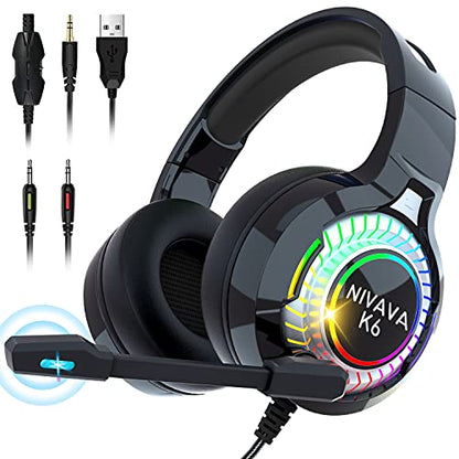 Gaming Headset for PS4, PC Headphones with Microphone LED Light Mic for Nintendo Switch PS5 Playstation Computer, K6(Black)