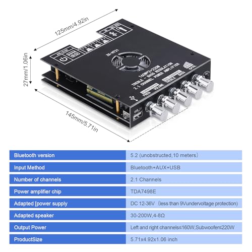 ZK-HT21 Bluetooth Amplifier Board 160W×2+220W Subwoofer 2.1 Channel | Audio Amplifier Bluetooth Module with Treble and Bass Control,AUX/Bluetooth/USB Inputs for Passive Speakers