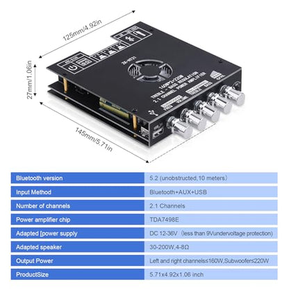ZK-HT21 Bluetooth Amplifier Board 160W×2+220W Subwoofer 2.1 Channel | Audio Amplifier Bluetooth Module with Treble and Bass Control,AUX/Bluetooth/USB Inputs for Passive Speakers