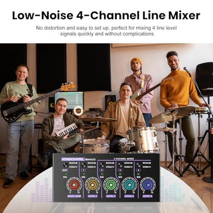 Mini Audio Stereo Mixer 4 Channel 1/4 Inch TSR/TS Audio Input Jack For Line Mixer Stereo/Mono Cutovers Compatible With Mic, Guitars Volume Amplifier Knob Mix Audio Output To Small Mixer & Speaker