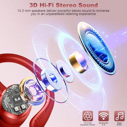 Hupoaf Wireless Earbuds Sport, NEW Bluetooth 5.4 Headphones with Earhooks, 50H Stereo Deep Bass Over Ear Buds with 4 ENC Noise Canceling Mics, IP7 Waterproof Earphones for Running Workout Gym -Red - color: A-Red