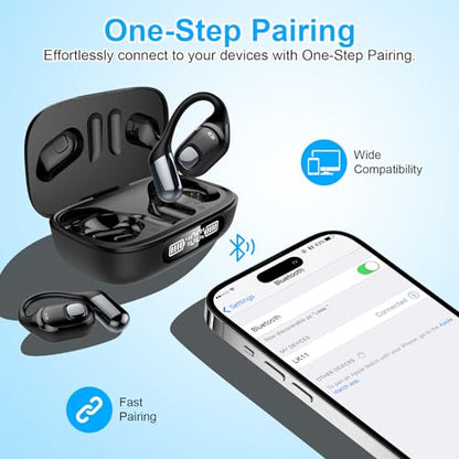 Open Ear Earbuds, Bluetooth 5.3 Wireless Air Conduction Headphones with Mic, LED Display Charging Case&Fast Charging, Ultra-Light Weight, 80H Playtime Earbuds for Work, Sports (Black) - color: Black