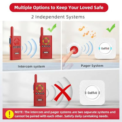 CallToU Caregiver Pager Wireless Alert Button Home Wireless Intercom System | Easy Use, Red Walkie Talkies for Seniors Long Range Room Intercoms 2 Way Radio for Elderly/Patient/Adults/Home/Office - color: white 2-2-2