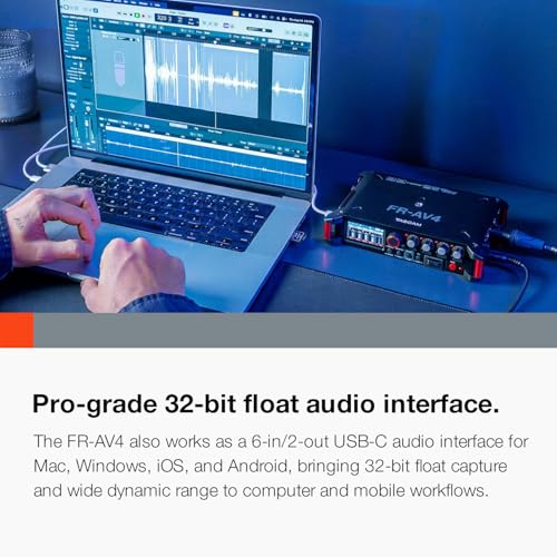 TASCAM FR-AV4 4-Channel 32-Bit Float Field Recorder with Mixer for Camera Rigs, 4 XLR/TRS Inputs, Timecode Generator, HDMI Sync, 192kHz, USB-C Audio Interface