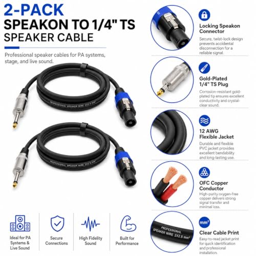 Speakon to 1/4 Inch Speaker Cable 3.3 Feet 2 Pack - Professional 12AWG DJ PA Audio Wire