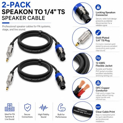 Speakon to 1/4 Inch Speaker Cable 3.3 Feet 2 Pack - Professional 12AWG DJ PA Audio Wire