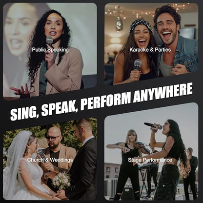 Wireless Microphone for Singing, Karaoke Microphone for Speaker | Dual Handheld Mics with Receiver, 240ft Wireless Range, Plug-and-Play, 8hr Battery Life, USB Recharge - color: Silver
