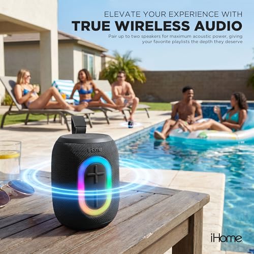 iHome Quest Wireless Portable Bluetooth Speaker with RGB Light | Water-Resistant, Built-In Carry Strap, TWS Pairing, Rechargeable Battery, USB-C Cable Included, True Stereo, Bluetooth 5.3 - color: Black