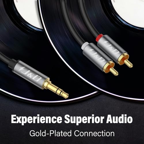 J&D 3.5mm Male to 2 RCA Phono Male Stereo Audio Cable, Aluminum Alloy Shell Gold-Plated RCA Audio Adapter Aux Cable, Grey, 10 Feet - color: Grey, size: 10 Feet