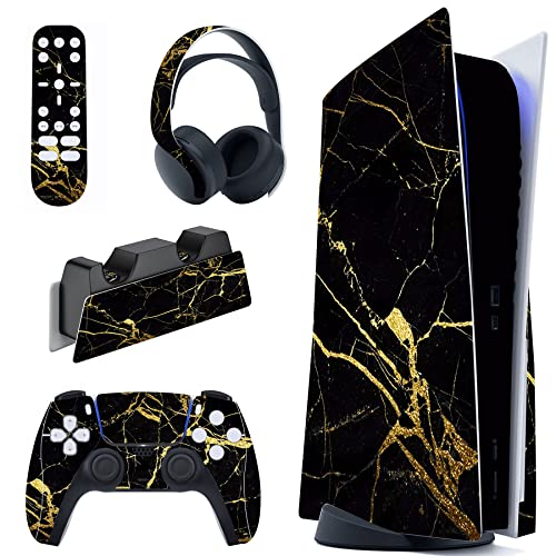 PlayVital Black & Gold Marble Effect Full Set Skin Decal for ps5 Console Disc Edition, Sticker Vinyl Decal Cover for ps5 Controller & Charging Station & Headset & Media Remote - color: Black & Gold Marble Effect