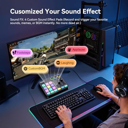OneOdio Solocaster Gaming Audio Mixer, 5-Channel Interface, 48V XLR | Bluetooth, RGB lighting, USB-C and 3.5mm inputs for beginner streaming, podcasting, karaoke and PC, Mac or mobile use