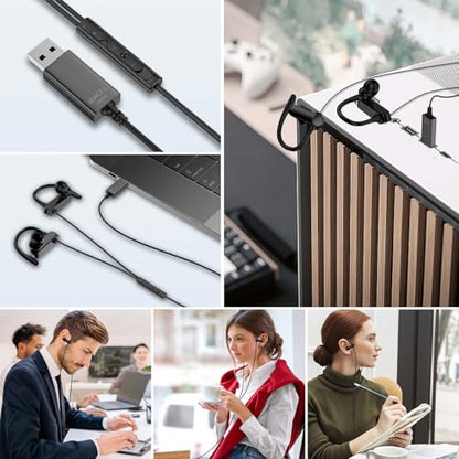 USB Headphones Over Ear Earbuds with Microphone for PC Computer | Noise Isolating In-Ear Stereo Computer Earbuds,Adjustable Ear Hook,Fit Gaming Zoom Office Work for HP/Dell Laptops-Black