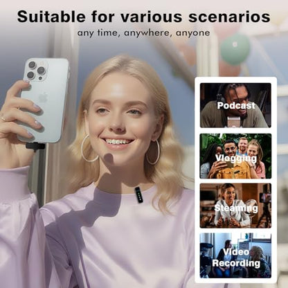 Wireless Lavalier Microphone for iPhone/Android - Dual Mini Noise Canceling Mic with Charging Case(30H), USB-C/Lightning Clip-on Microphone for Video Recording Streaming Podcast Vlogging（Gray）