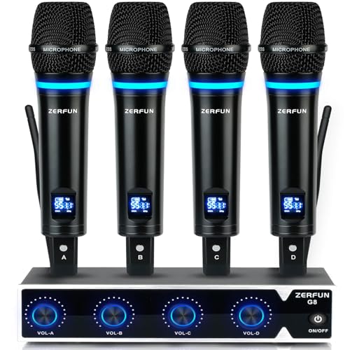 4 Channel Rechargeable Wireless Microphone System, Pro UHF Metal Handheld Wireless Microphones Cordless Mics for Karaoke Singing Church with VOL Control, 4x50 Adjustable Frequency(G8)