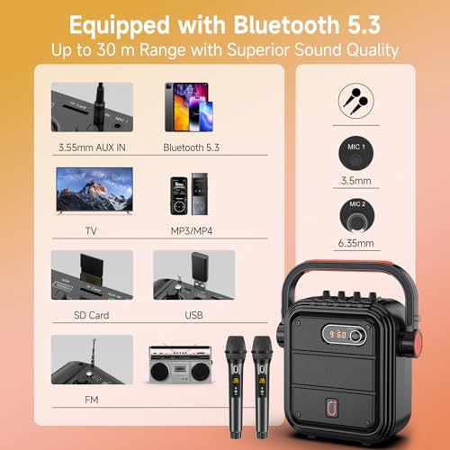 JYX Karaoke Machine with 2 Wireless Microphones, Portable Bluetooth Speaker PA System with Shoulder Strap, Subwoofer Support TWS, USB, Radio, AUX, REC, Bass&Treble for Home Party/Meeting/Adults/Kids - color: Black