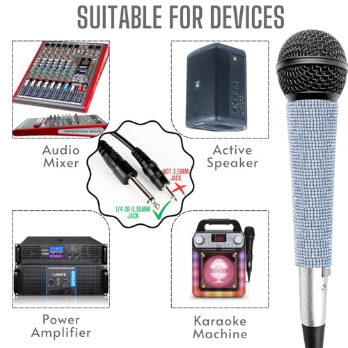 Silver Wired Dynamic Vocal Microphone and Rhinestone Cover | Dynamic Wired Mic With XLR Cable & Built-In Pop Screen, Bedazzled Crystal Cover Support Bright Live Vocals Or Karaoke