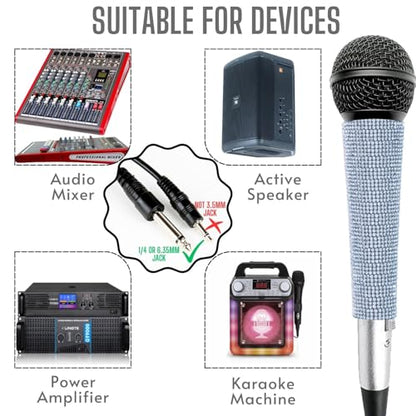 Silver Wired Dynamic Vocal Microphone and Rhinestone Cover | Dynamic Wired Mic With XLR Cable & Built-In Pop Screen, Bedazzled Crystal Cover Support Bright Live Vocals Or Karaoke