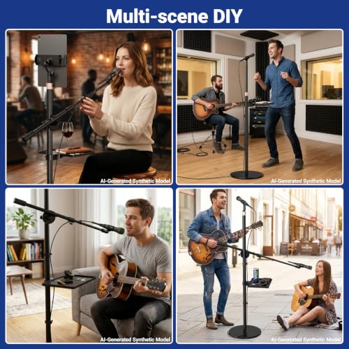 Boom Mic Stand Floor for Singing, Podcast, Studio, Live Streaming | Include Tray and Tablet Hoder, 2.9LBS Round Base, Adjutable Height 16"–63", Compatible with Yeti, SM58, QuadCast, K669B, Q2U