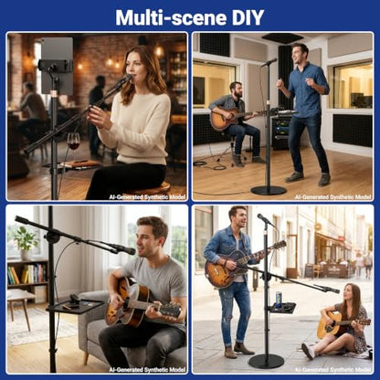 Boom Mic Stand Floor for Singing, Podcast, Studio, Live Streaming | Include Tray and Tablet Hoder, 2.9LBS Round Base, Adjutable Height 16"–63", Compatible with Yeti, SM58, QuadCast, K669B, Q2U