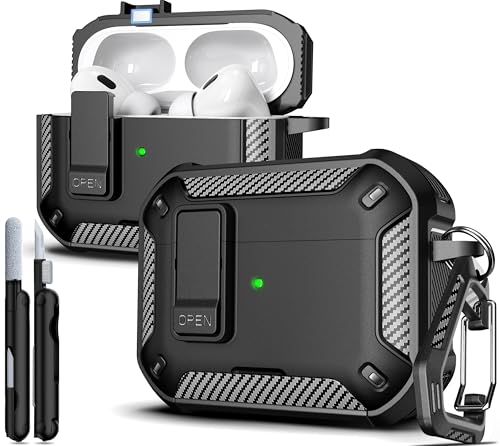 for AirPods Pro 2 Case with Lock Magnetic Lid, Black | Compatible with AirPods Pro 2nd/1st Generation with Carabiner & Cleaning Kit, MagSafe Compatible - color: A-FK-Black, size: Airpoods Pro 1st/2nd Generation