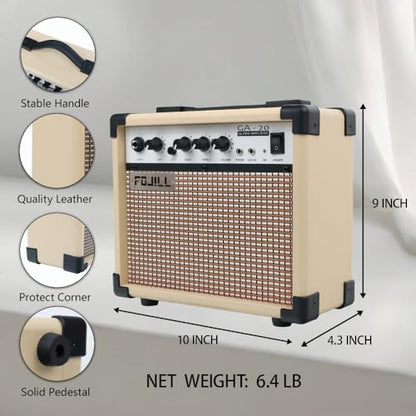 Fojill 20W Watt Electric Guitar Amplifier Amp Practice Small Portable Travel Mini Amp with 3.5 Headphone Jack Aux Distortion Gain Treble Bass Volume (Cream, 20W) - color: Cream