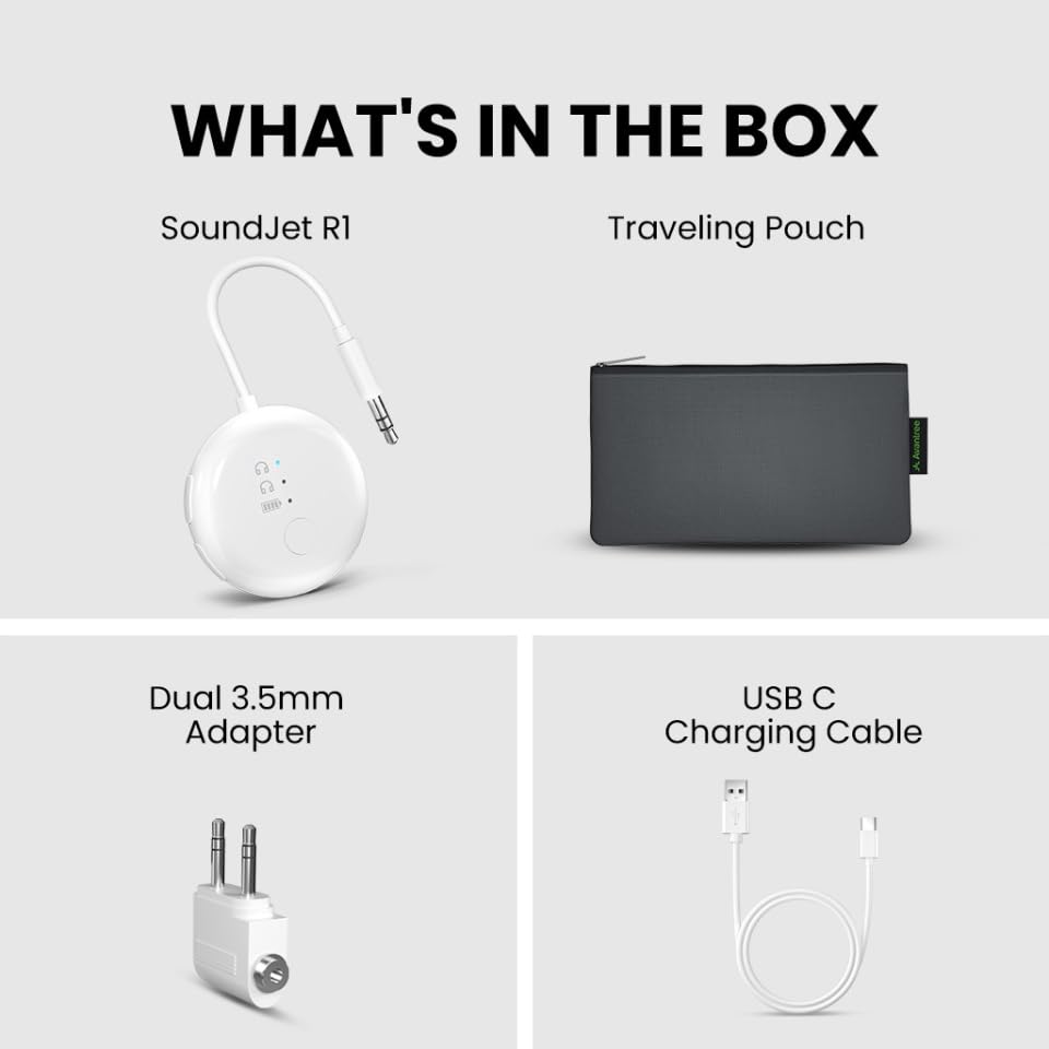 Avantree SoundJet R1 - Airplane Bluetooth Adapter for AirPods, 25H | Qualcomm aptX Adaptive & HD, dual-headphone pairing, 25-hour battery, USB-C charging, and single/dual airline plugs - color: 1. White