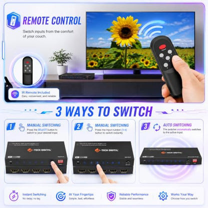 J-Tech Digital 8K HDMI Switch 4 in 1 Out 8K@60Hz 4K@120Hz 1080P@240Hz, HDMI Audio Extraction to Optical & 3.5mm, HDR HDCP 2.3 EDID Control, Compatible with PS5 PS4 Xbox Switch Apple TV Roku Fire TV - style: 4 in 1