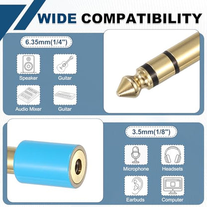 MECCANIXITY 2Pcs TRS 6.35mm Male to 3.5mm Female 1/4" Plug to 1/8" Blue | Stereo Headphone Adapter, Jack, Audio Converter, Pure Copper, Gold Plated, for Guitars Speakers Computers - color: Blue