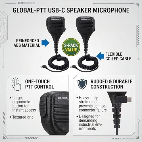 USB-C Speaker Microphone (2-Pack) – Heavy-Duty Remote Mic with Push-to-Talk Button, Noise-Cancelling Compatible PoC Radios 5288, 5288PLUS, G8PLUS G6PLUS