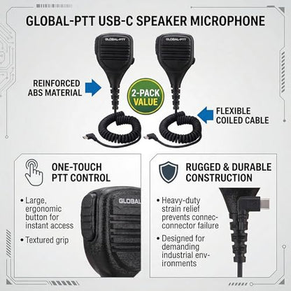 USB-C Speaker Microphone (2-Pack) – Heavy-Duty Remote Mic with Push-to-Talk Button, Noise-Cancelling Compatible PoC Radios 5288, 5288PLUS, G8PLUS G6PLUS