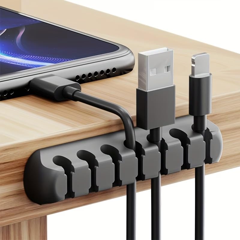 Silicone Cable Organizer Self Adhesive Desktop Clips Low Profile Multiple Slots for Mobile Charging Earphones Mouse Wires, Black, Set of 5 pieces