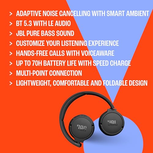 JBL Tune 670NC - Wireless On-Ear Headphones - Black | Adaptive Noise Cancelling with Smart Ambient, Bluetooth 53 with LE Audio, JBL Pure Bass Sound - color: Black