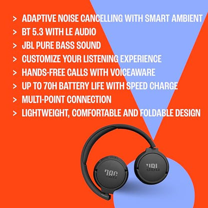 JBL Tune 670NC - Wireless On-Ear Headphones - Black | Adaptive Noise Cancelling with Smart Ambient, Bluetooth 53 with LE Audio, JBL Pure Bass Sound - color: Black