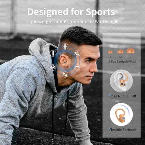 Wireless Earbuds, Headphones Sport Bluetooth 5.4, Over Ear Buds with ENC Noise Canceling Mic, Deep Bass Stereo Earphones with Hook, 50H Playback, LED Display Ear Buds for Workout Running, Deep Orange | 50H Playback, IP7 Waterproof Earphones for Workout R