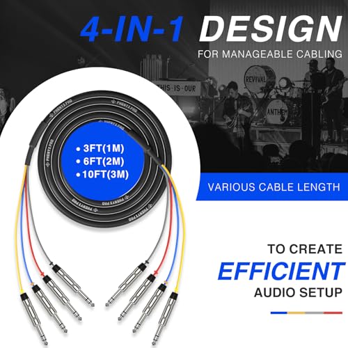 Phenyx Pro 4-Channel 1/4-Inch TRS Snake Cable 10 ft PCBL-QR4IN1-10 | 4-in-1 Color-Coded Design, 24 AWG OFC Copper, Balanced TRS to TRS, Guitar, Bass, Amp - size: 10 Feet