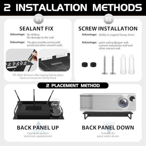 2Pack Projector Shelves for Wall No Drilling Widen 33cm Aluminum Alloy Wifi Router Wall Mount Shelf Easy Dissipate Heat Floating Shelves Stand Rack Holder Bracket for Game Console Cabel Box DVD Player