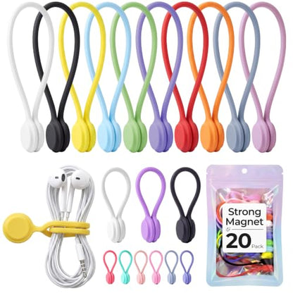 Reusable Silicone Magnetic Cable Ties, Multicolored, 20-Pack（Long & Short）