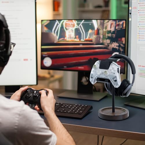 MyGift Industrial Matte Black Metal Headphone Stand with Adjustable Height and Burnt Wood Tray – Desktop Headset Holder for Office, Gaming, or Studio Setup - color: Dark Brown (Adjustable Height)