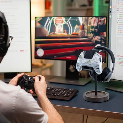 MyGift Industrial Matte Black Metal Headphone Stand with Adjustable Height and Burnt Wood Tray – Desktop Headset Holder for Office, Gaming, or Studio Setup - color: Dark Brown (Adjustable Height)