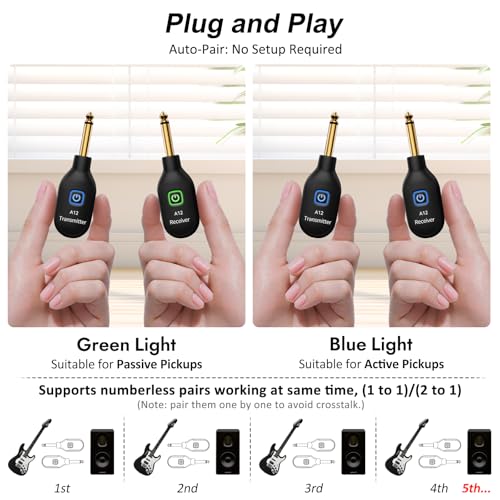 Wireless Guitar System 2.4GHz 100Ft/30M Range, A12 (2TX+1RX) | 100Ft/30M Range, Low Latency, Rechargeable, Easy Pairing for Electric Guitar & Bass - Guitar Accessories - color: 2TX+1RX